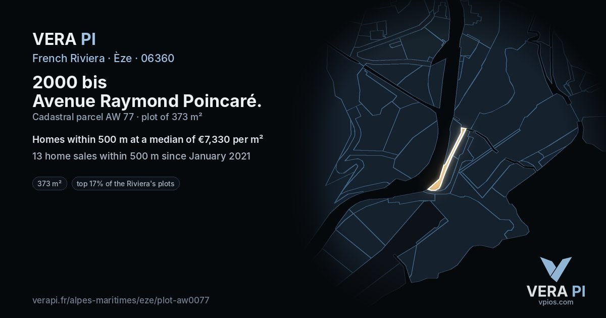 2000 bis Avenue Raymond Poincaré, Èze at night – the plot lit, the parcels around coloured by the prices near them