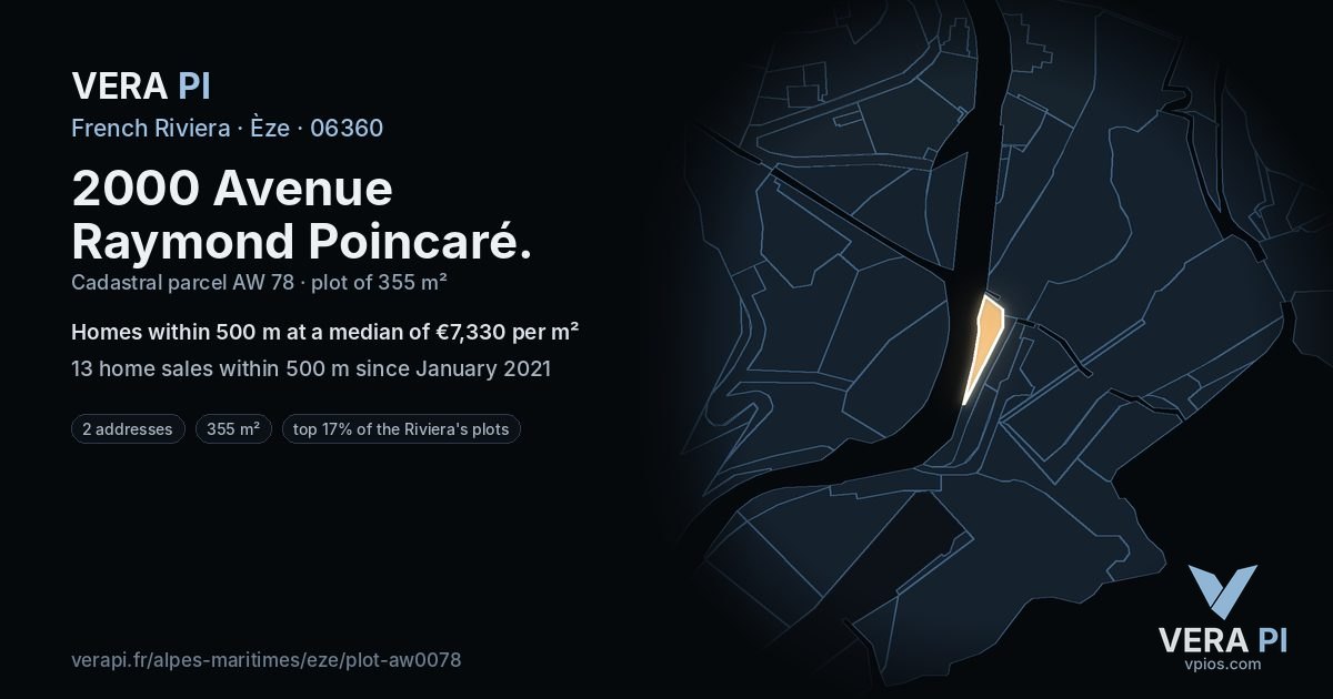 2000 Avenue Raymond Poincaré, Èze at night – the plot lit, the parcels around coloured by the prices near them