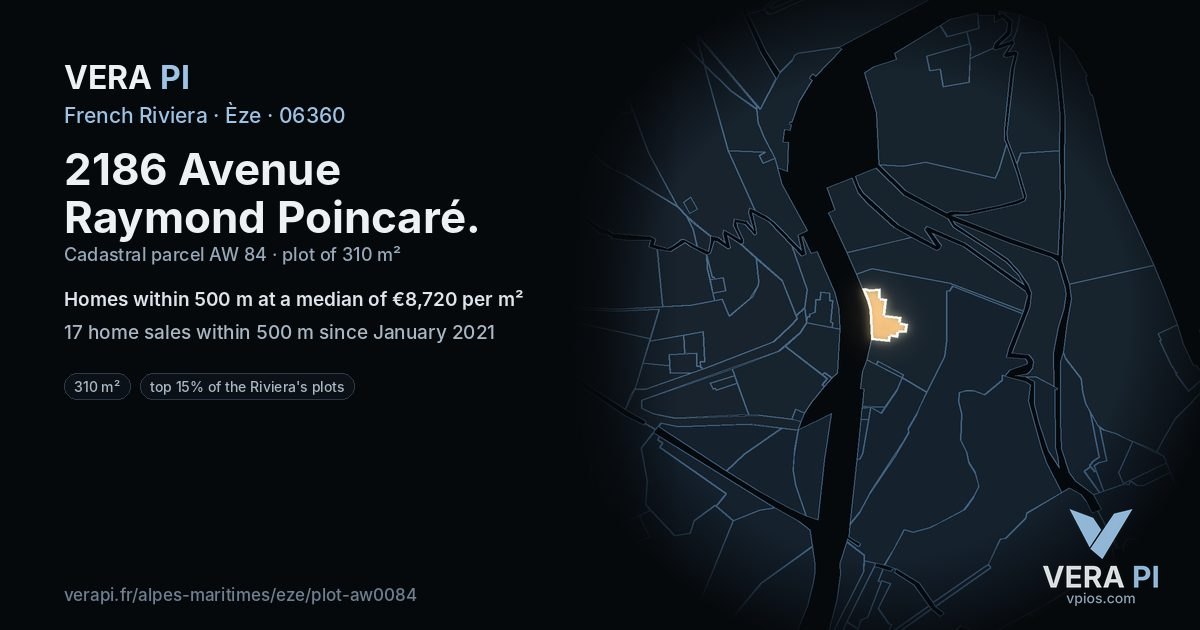 2186 Avenue Raymond Poincaré, Èze at night – the plot lit, the parcels around coloured by the prices near them