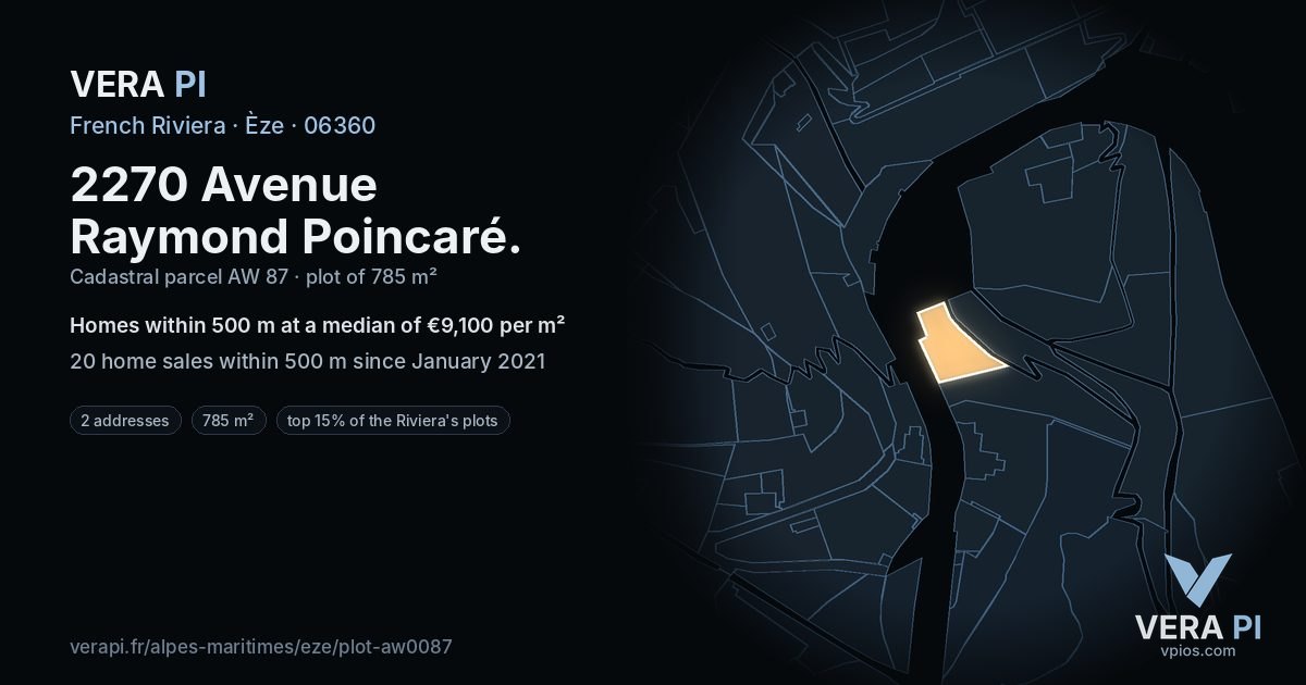 2270 Avenue Raymond Poincaré, Èze at night – the plot lit, the parcels around coloured by the prices near them