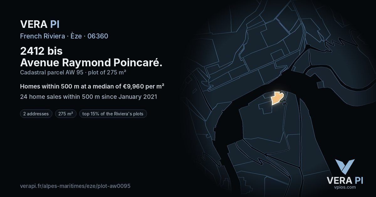 2412 bis Avenue Raymond Poincaré, Èze at night – the plot lit, the parcels around coloured by the prices near them