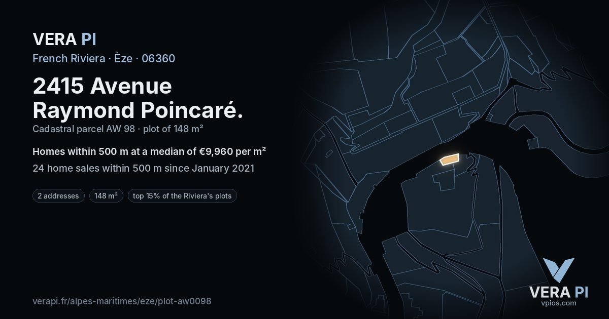 2415 Avenue Raymond Poincaré, Èze at night – the plot lit, the parcels around coloured by the prices near them