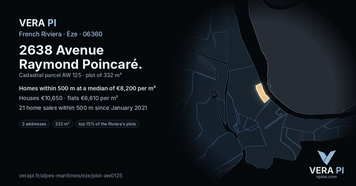 2638 Avenue Raymond Poincaré, Èze at night – the plot lit, the parcels around coloured by the prices near them