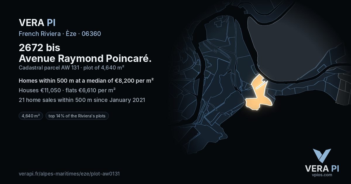 2672 bis Avenue Raymond Poincaré, Èze at night – the plot lit, the parcels around coloured by the prices near them