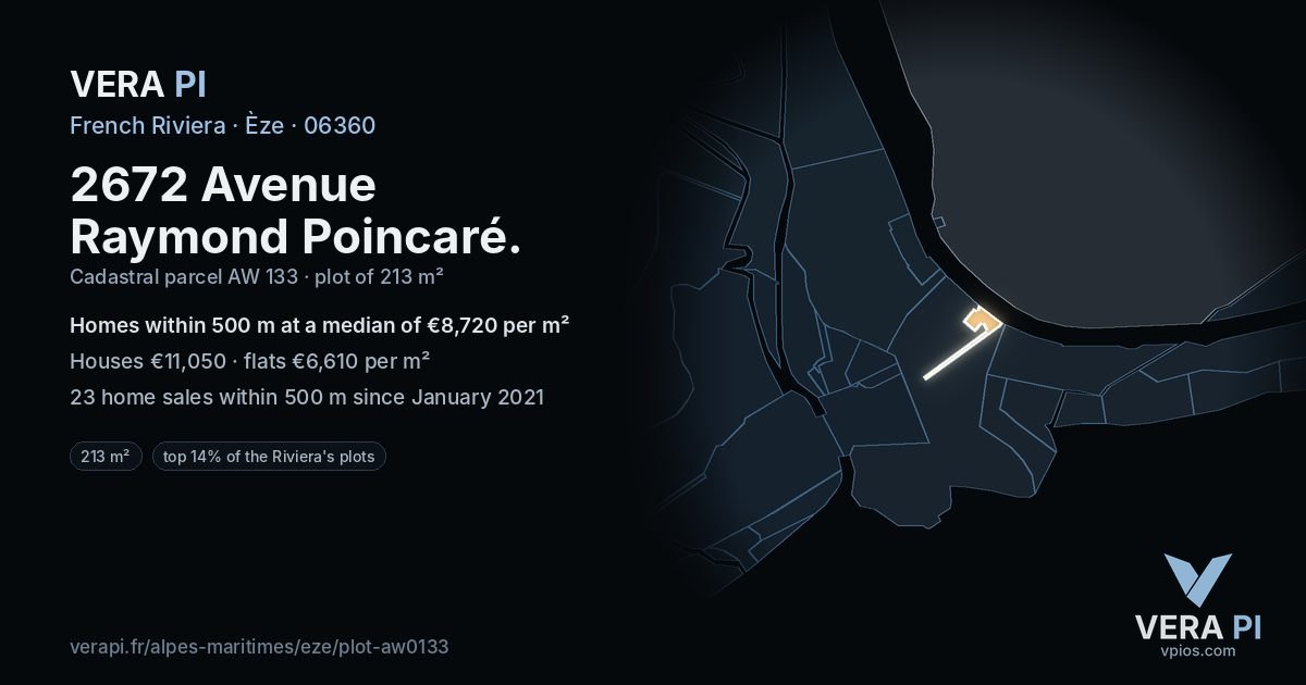2672 Avenue Raymond Poincaré, Èze at night – the plot lit, the parcels around coloured by the prices near them