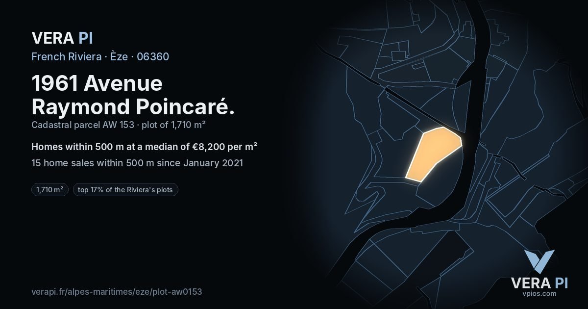 1961 Avenue Raymond Poincaré, Èze at night – the plot lit, the parcels around coloured by the prices near them