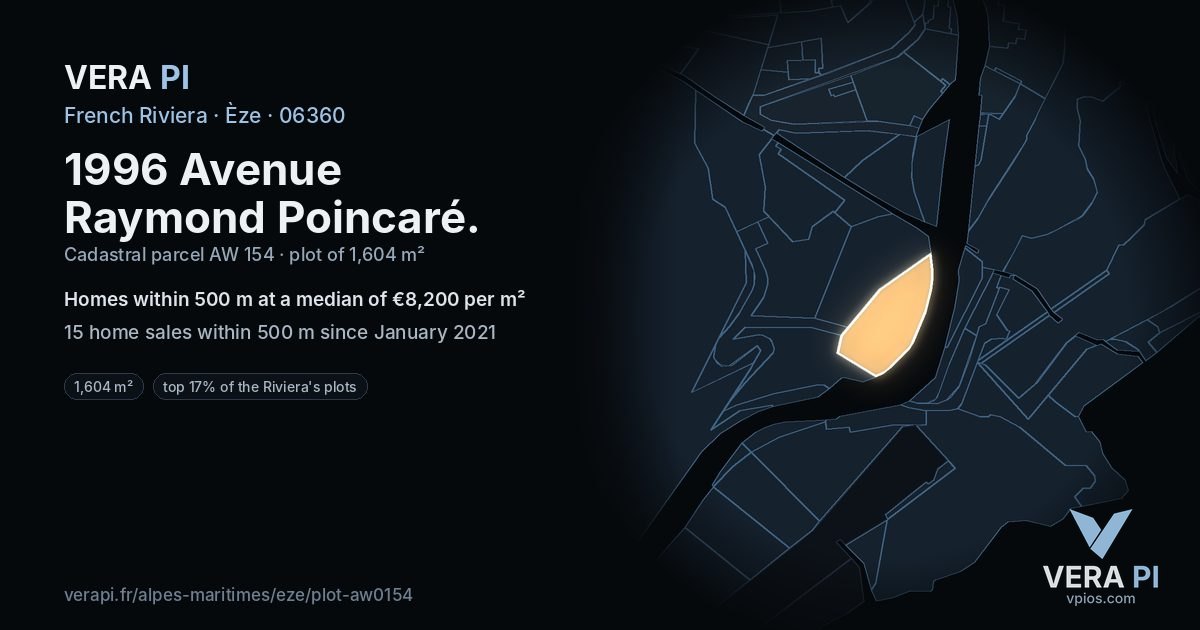 1996 Avenue Raymond Poincaré, Èze at night – the plot lit, the parcels around coloured by the prices near them