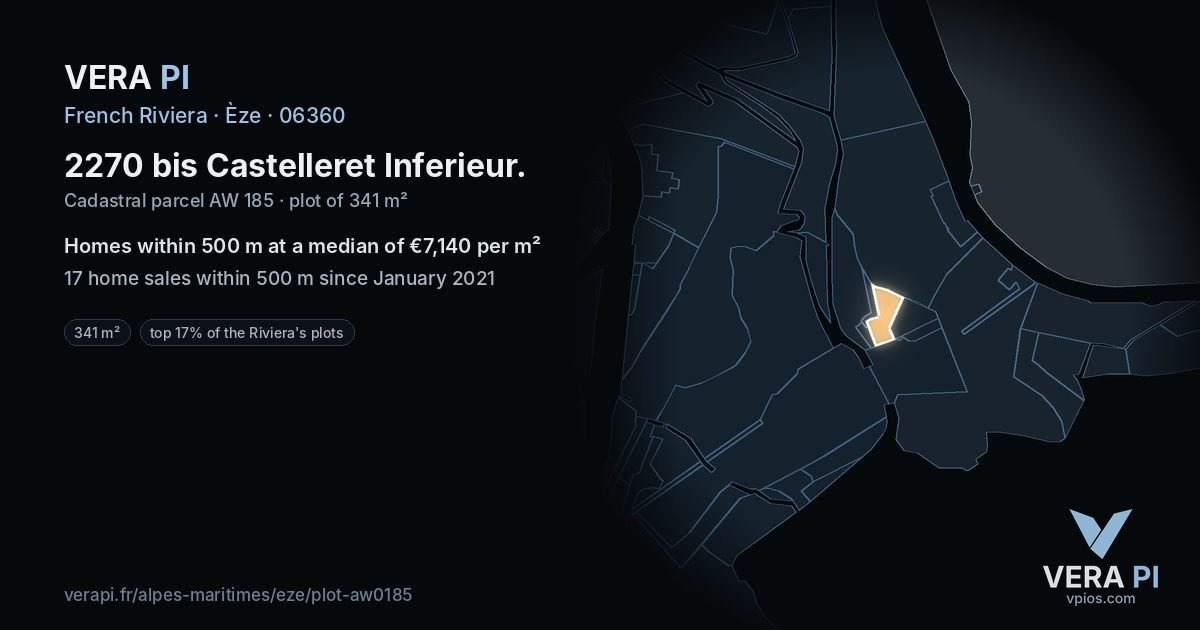 2270 bis Castelleret Inferieur, Èze at night – the plot lit, the parcels around coloured by the prices near them