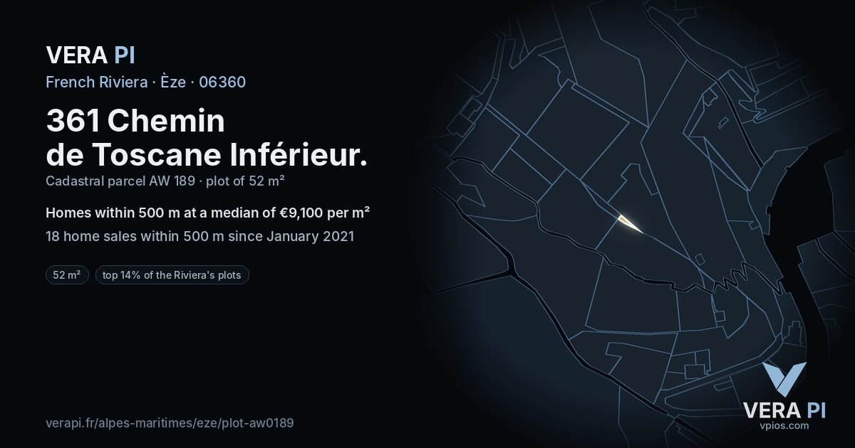 361 Chemin de Toscane Inférieur, Èze at night – the plot lit, the parcels around coloured by the prices near them