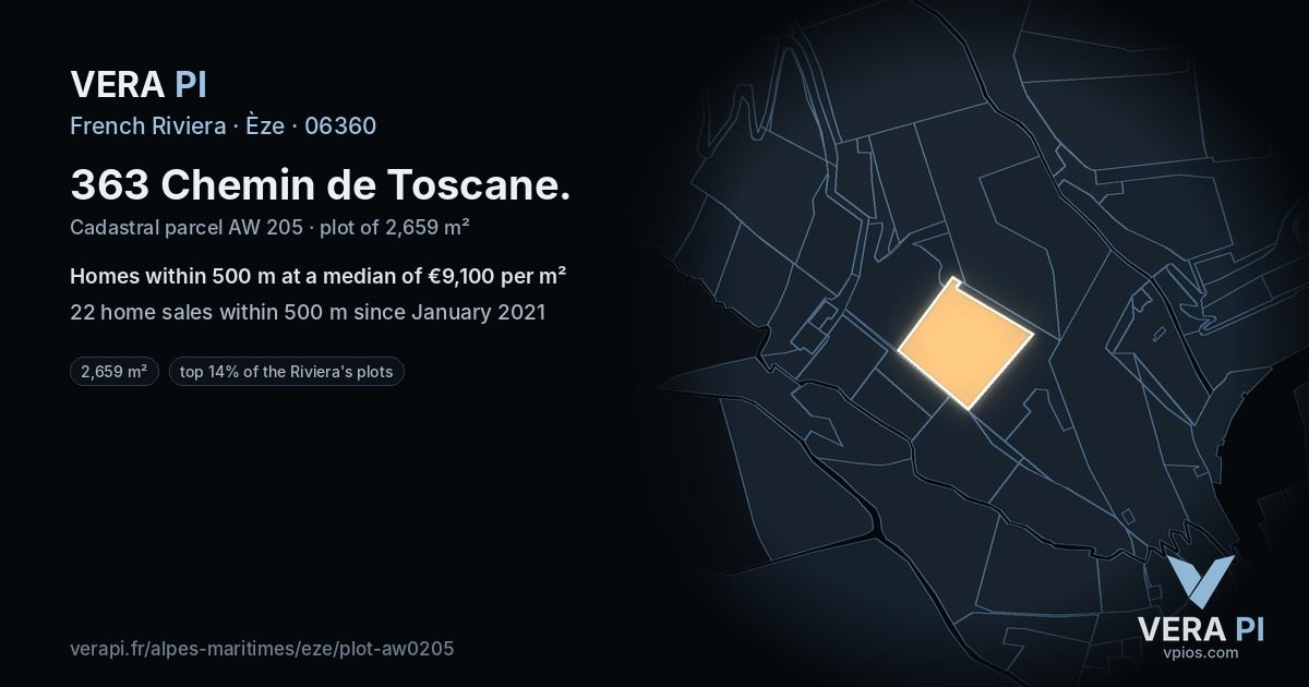 363 Chemin de Toscane, Èze at night – the plot lit, the parcels around coloured by the prices near them