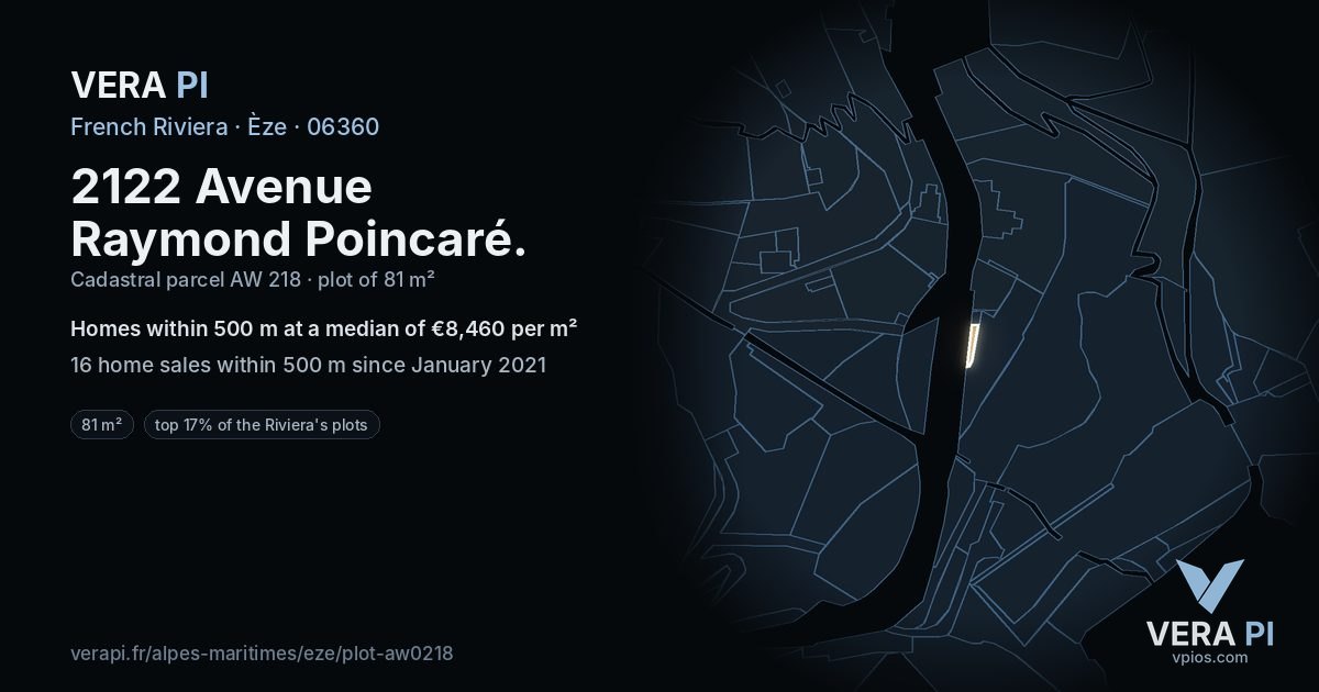 2122 Avenue Raymond Poincaré, Èze at night – the plot lit, the parcels around coloured by the prices near them