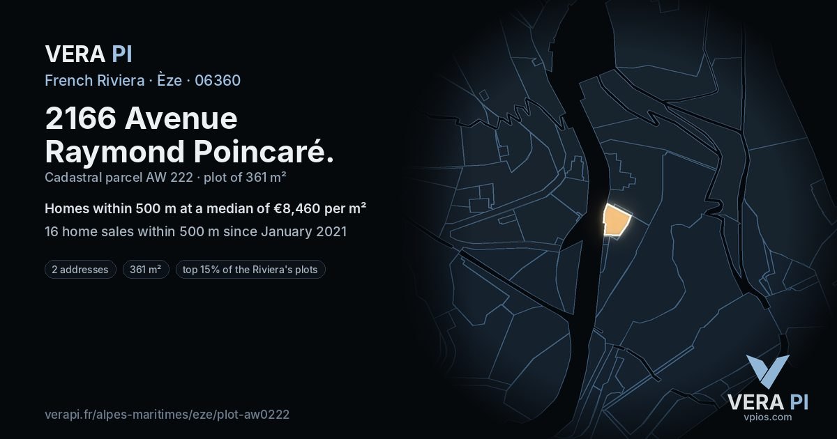 2166 Avenue Raymond Poincaré, Èze at night – the plot lit, the parcels around coloured by the prices near them