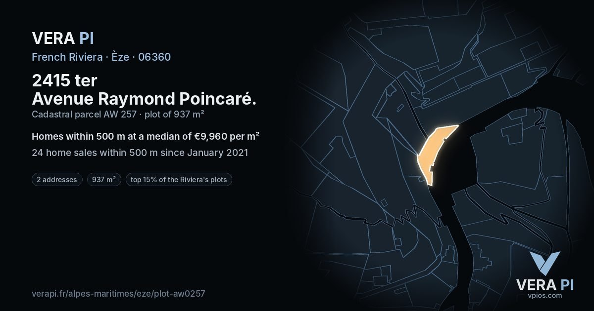 2415 ter Avenue Raymond Poincaré, Èze at night – the plot lit, the parcels around coloured by the prices near them