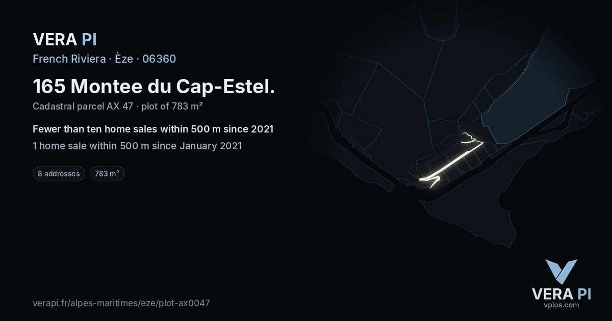 165 Montee du Cap-Estel, Èze at night – the plot lit, the parcels around coloured by the prices near them
