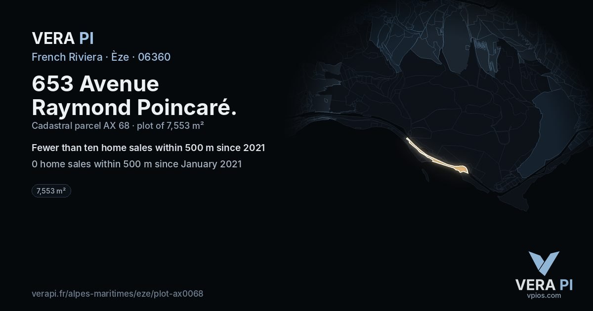 653 Avenue Raymond Poincaré, Èze at night – the plot lit, the parcels around coloured by the prices near them