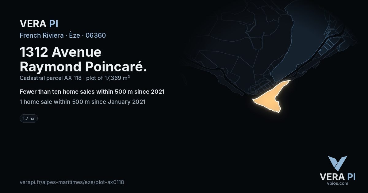 1312 Avenue Raymond Poincaré, Èze at night – the plot lit, the parcels around coloured by the prices near them