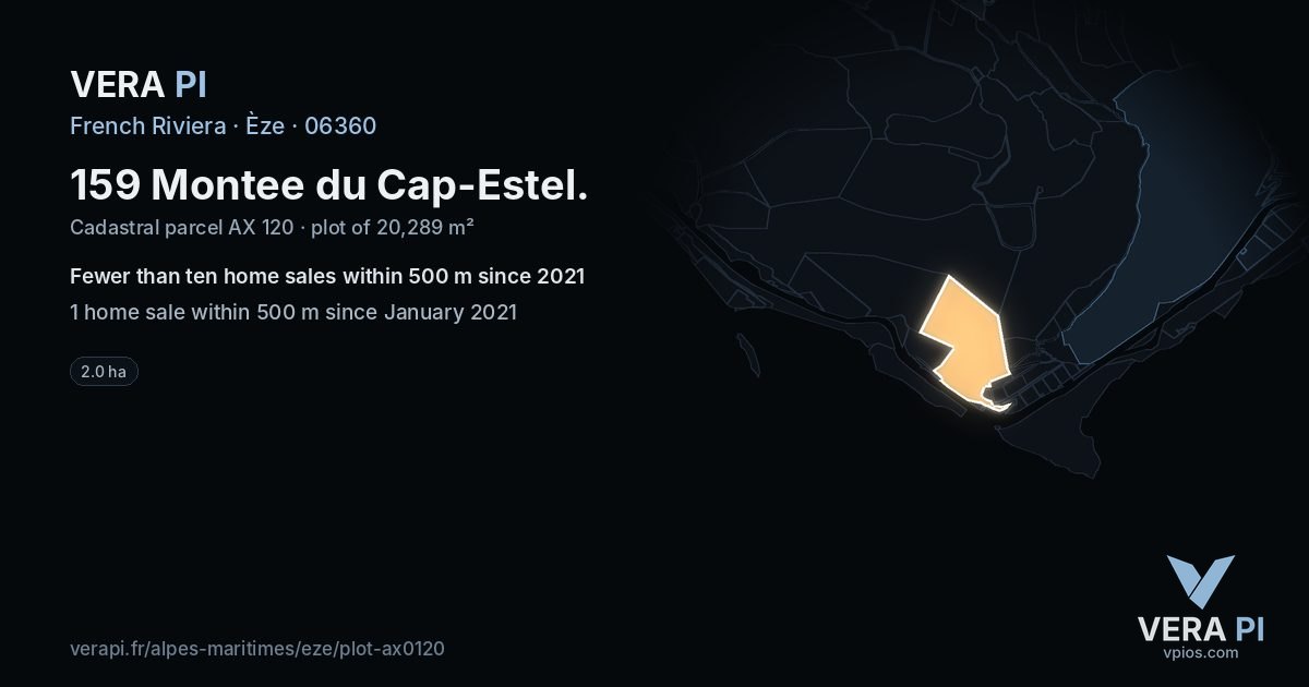 159 Montee du Cap-Estel, Èze at night – the plot lit, the parcels around coloured by the prices near them