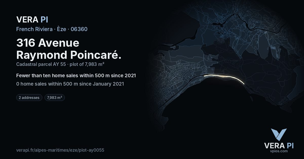 316 Avenue Raymond Poincaré, Èze at night – the plot lit, the parcels around coloured by the prices near them