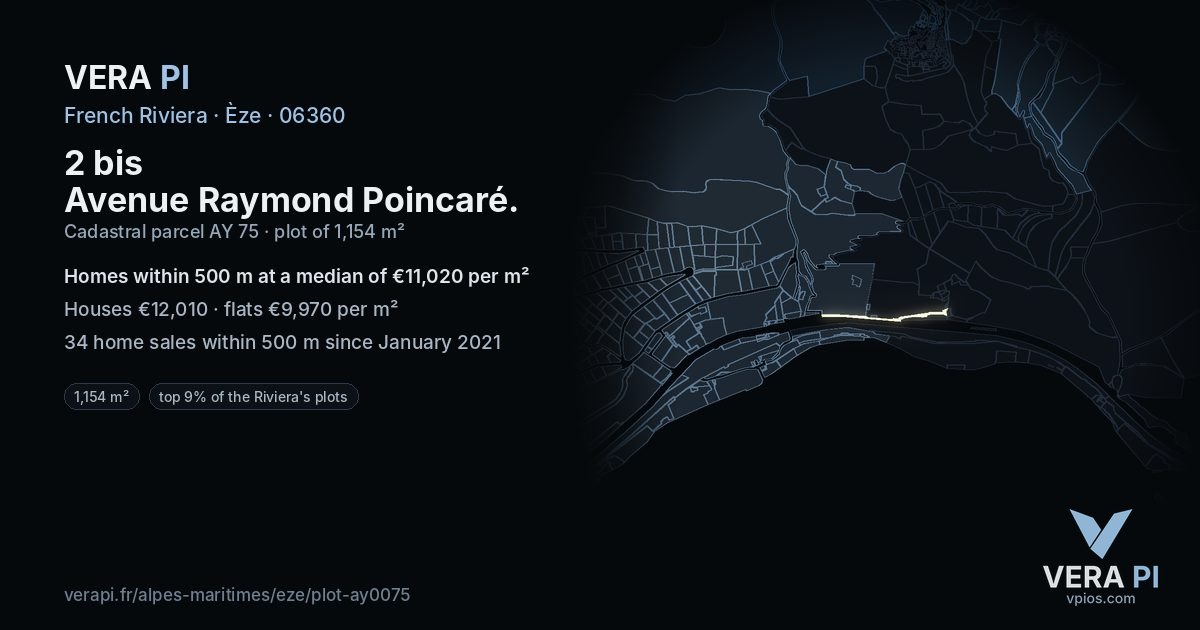 2 bis Avenue Raymond Poincaré, Èze at night – the plot lit, the parcels around coloured by the prices near them