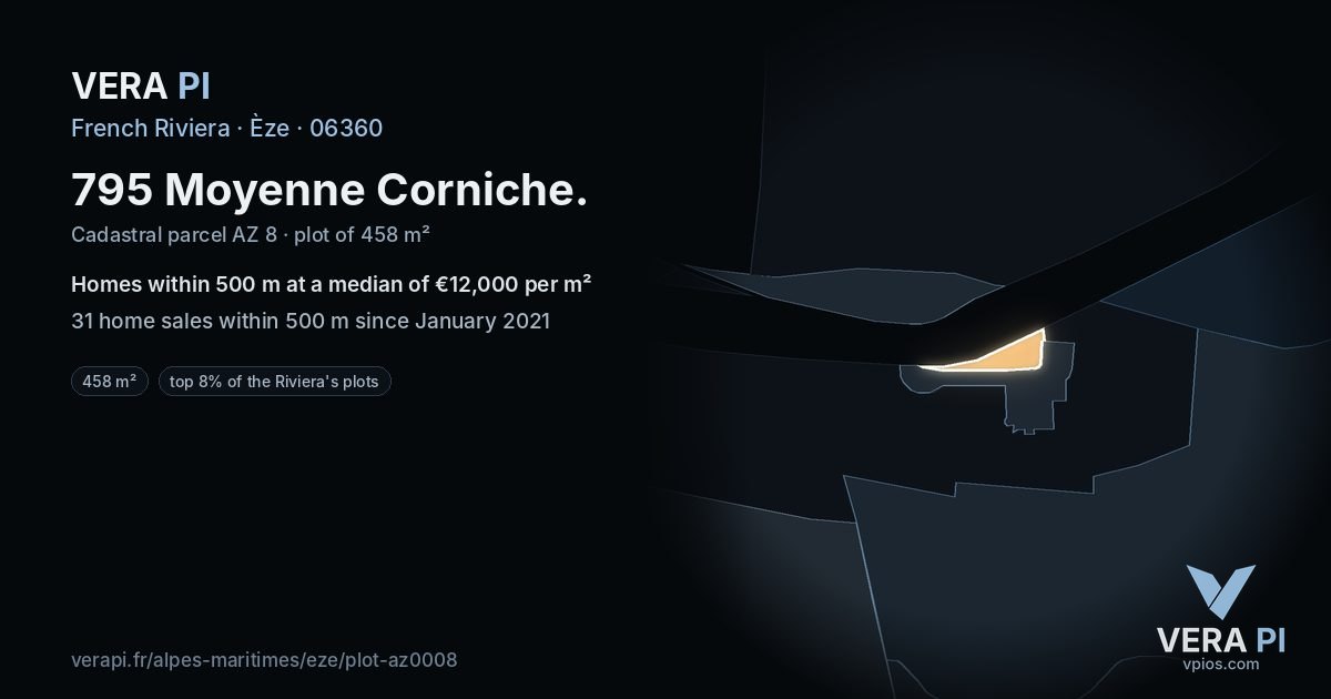 795 Moyenne Corniche, Èze at night – the plot lit, the parcels around coloured by the prices near them