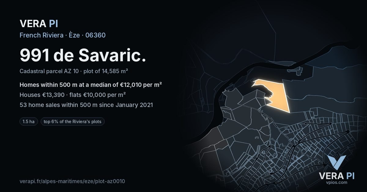 991 de Savaric, Èze at night – the plot lit, the parcels around coloured by the prices near them