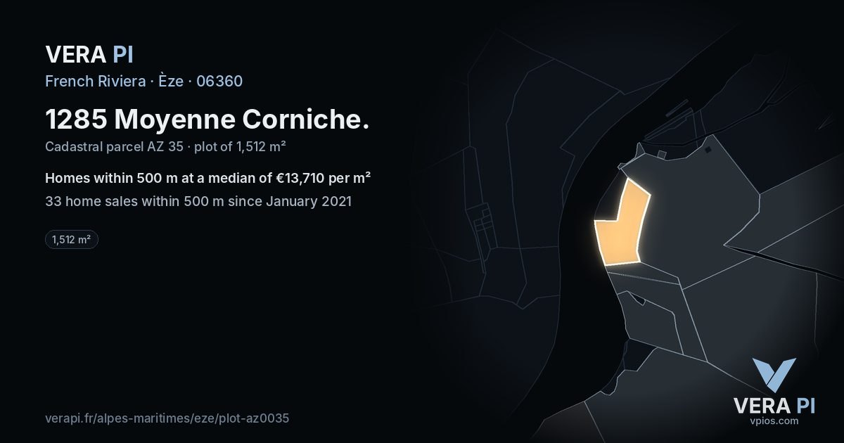 1285 Moyenne Corniche, Èze at night – the plot lit, the parcels around coloured by the prices near them