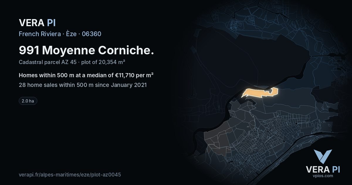 991 Moyenne Corniche, Èze at night – the plot lit, the parcels around coloured by the prices near them