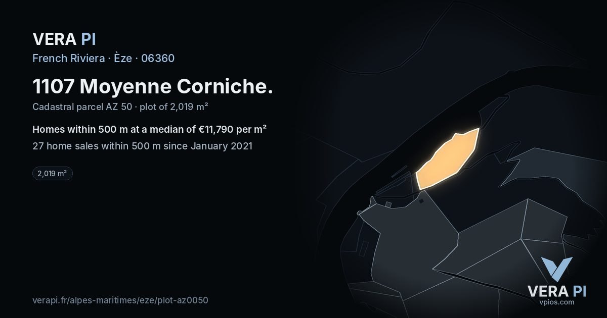 1107 Moyenne Corniche, Èze at night – the plot lit, the parcels around coloured by the prices near them