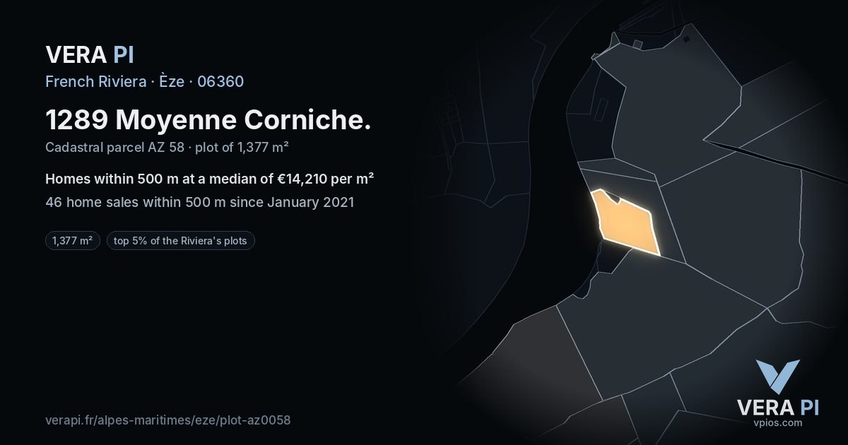 1289 Moyenne Corniche, Èze at night – the plot lit, the parcels around coloured by the prices near them