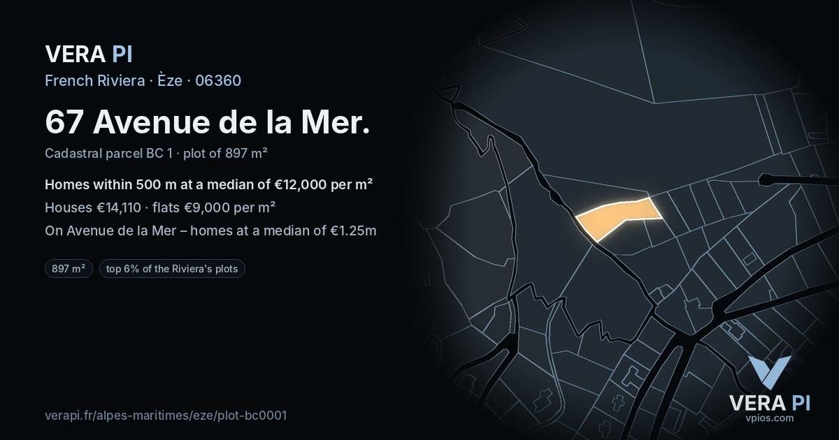 67 Avenue de la Mer, Èze at night – the plot lit, the parcels around coloured by the prices near them