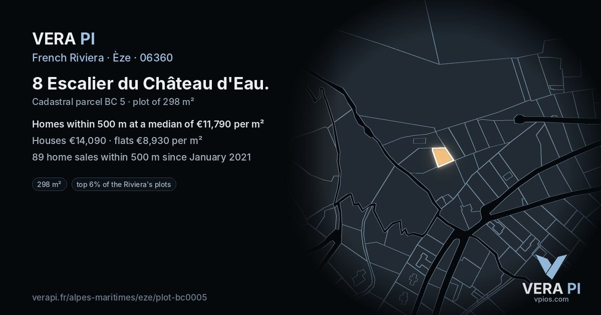 8 Escalier du Château d'Eau, Èze at night – the plot lit, the parcels around coloured by the prices near them