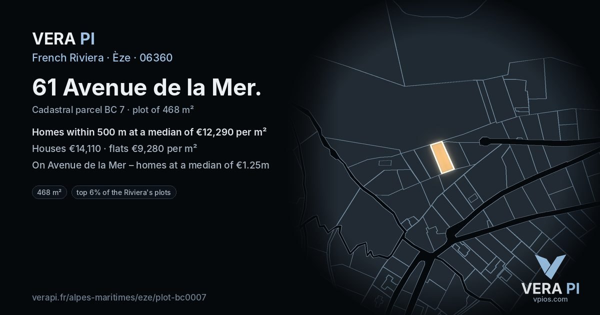 61 Avenue de la Mer, Èze at night – the plot lit, the parcels around coloured by the prices near them