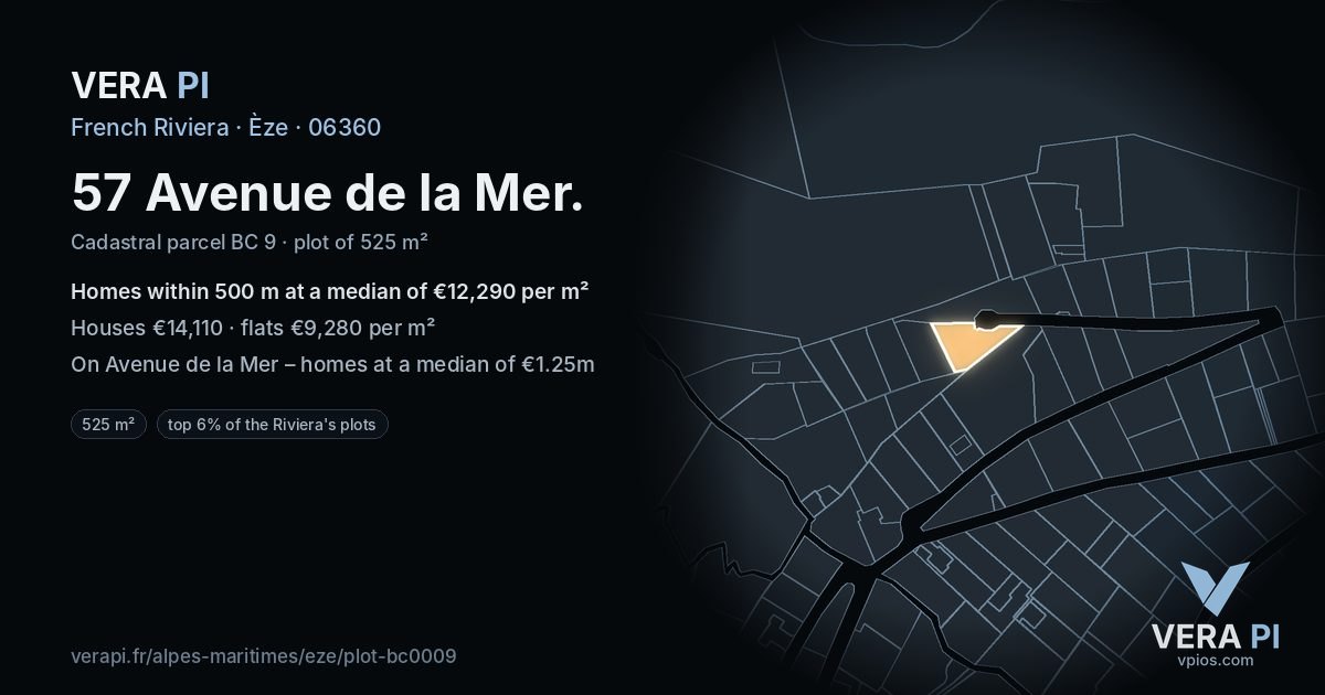 57 Avenue de la Mer, Èze at night – the plot lit, the parcels around coloured by the prices near them