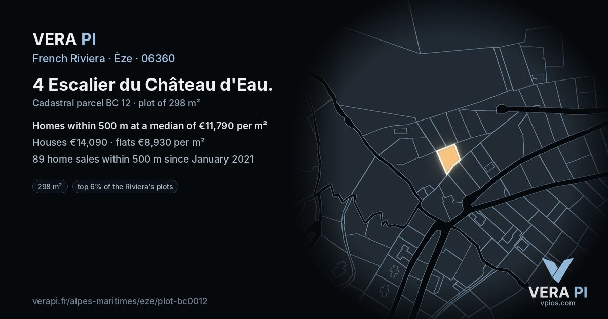 4 Escalier du Château d'Eau, Èze at night – the plot lit, the parcels around coloured by the prices near them
