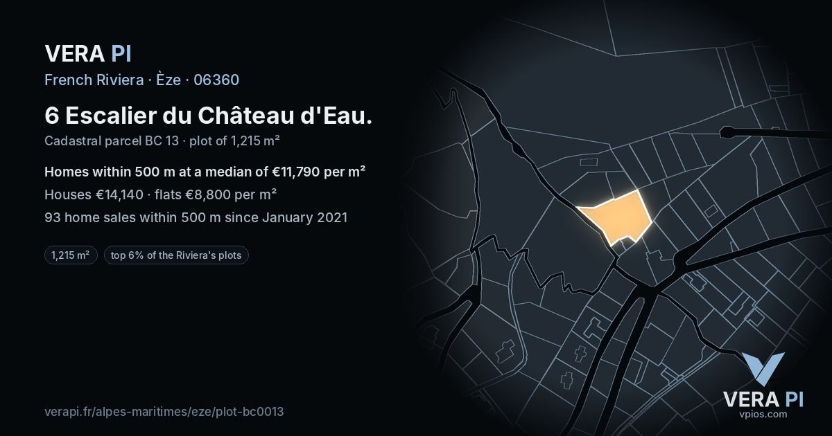 6 Escalier du Château d'Eau, Èze at night – the plot lit, the parcels around coloured by the prices near them