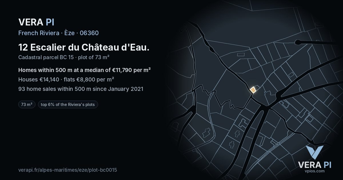 12 Escalier du Château d'Eau, Èze at night – the plot lit, the parcels around coloured by the prices near them