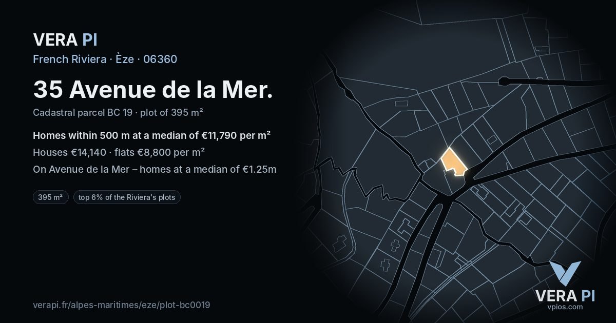 35 Avenue de la Mer, Èze at night – the plot lit, the parcels around coloured by the prices near them