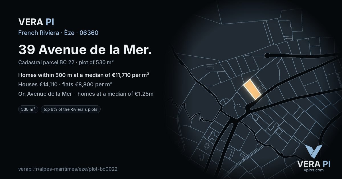 39 Avenue de la Mer, Èze at night – the plot lit, the parcels around coloured by the prices near them