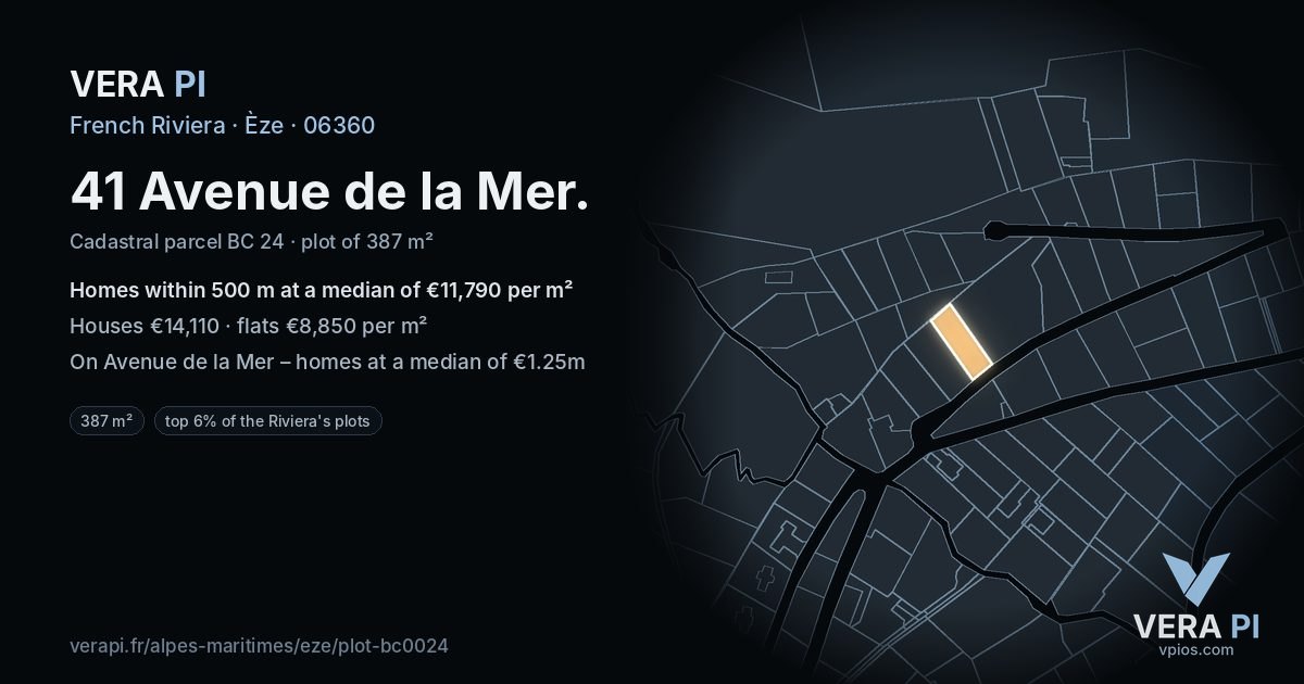 41 Avenue de la Mer, Èze at night – the plot lit, the parcels around coloured by the prices near them