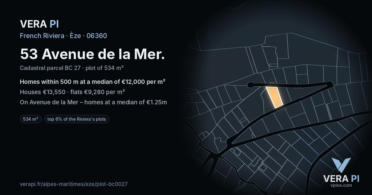 53 Avenue de la Mer, Èze at night – the plot lit, the parcels around coloured by the prices near them