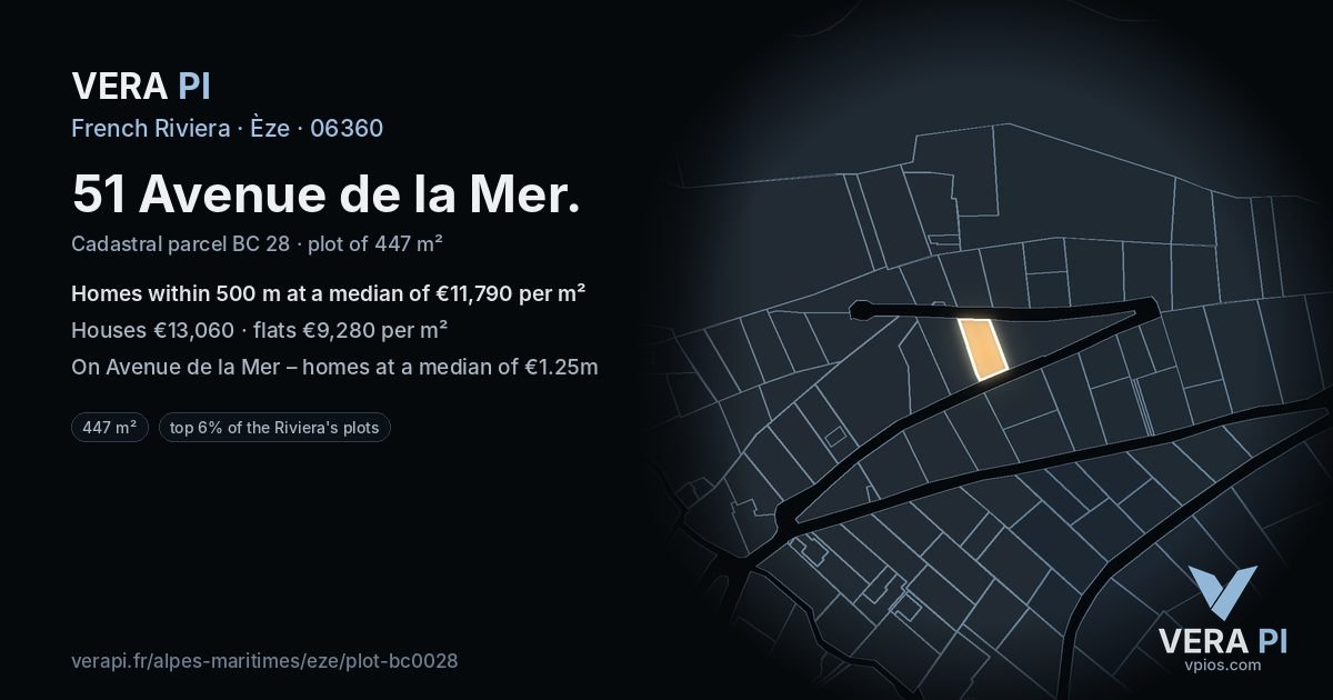 51 Avenue de la Mer, Èze at night – the plot lit, the parcels around coloured by the prices near them