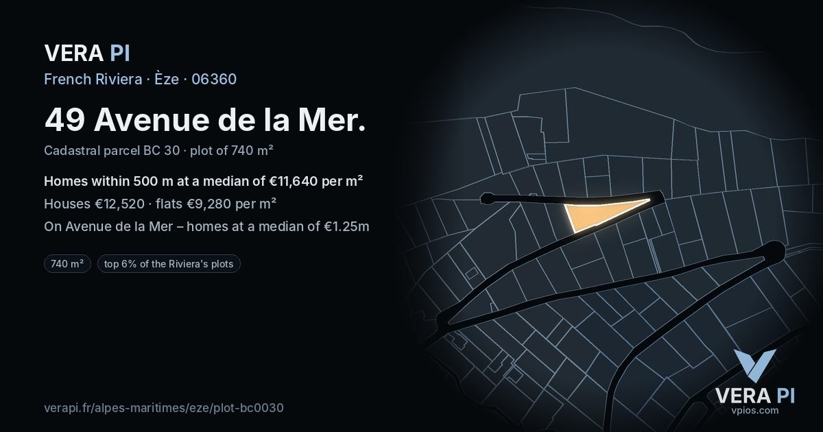 49 Avenue de la Mer, Èze at night – the plot lit, the parcels around coloured by the prices near them