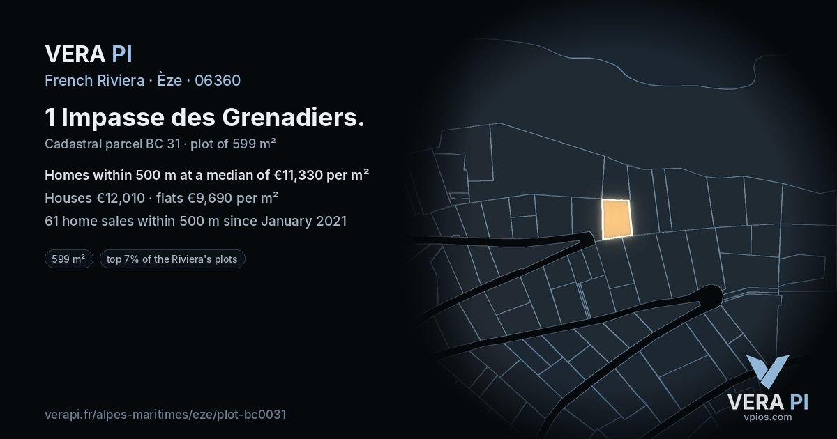 1 Impasse des Grenadiers, Èze at night – the plot lit, the parcels around coloured by the prices near them