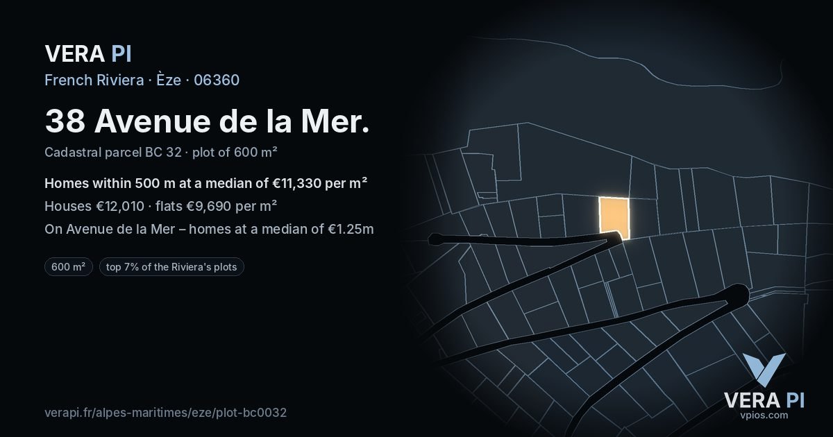 38 Avenue de la Mer, Èze at night – the plot lit, the parcels around coloured by the prices near them
