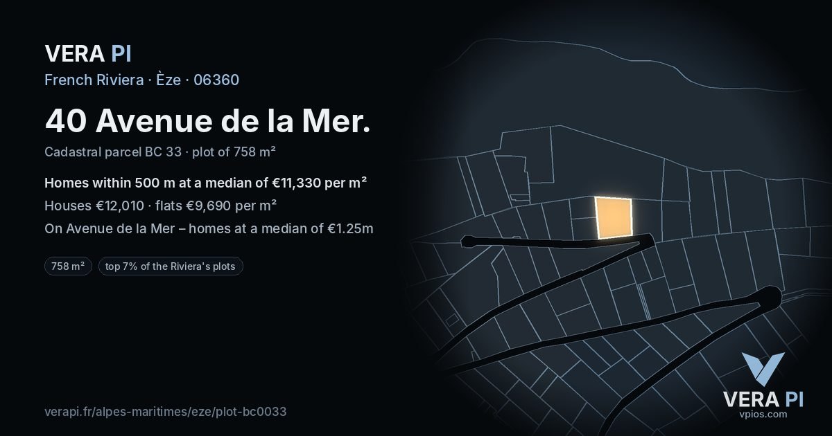 40 Avenue de la Mer, Èze at night – the plot lit, the parcels around coloured by the prices near them