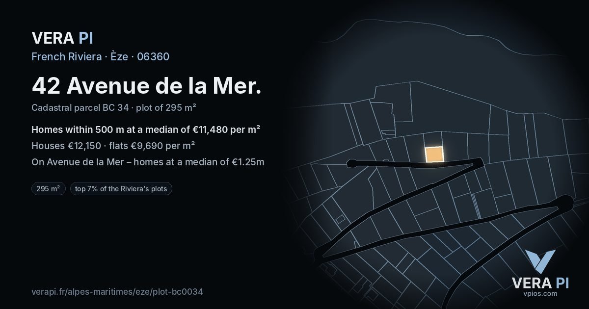 42 Avenue de la Mer, Èze at night – the plot lit, the parcels around coloured by the prices near them