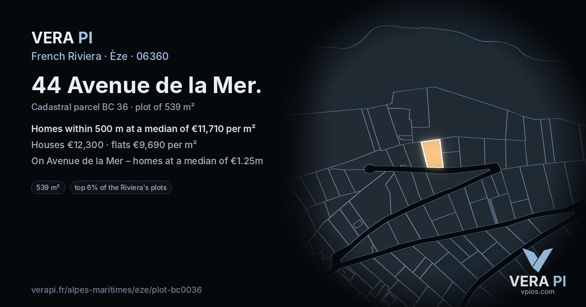 44 Avenue de la Mer, Èze at night – the plot lit, the parcels around coloured by the prices near them