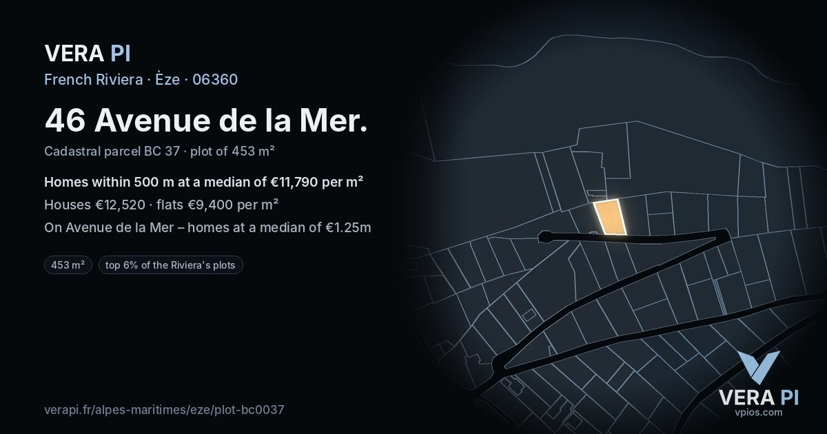 46 Avenue de la Mer, Èze at night – the plot lit, the parcels around coloured by the prices near them
