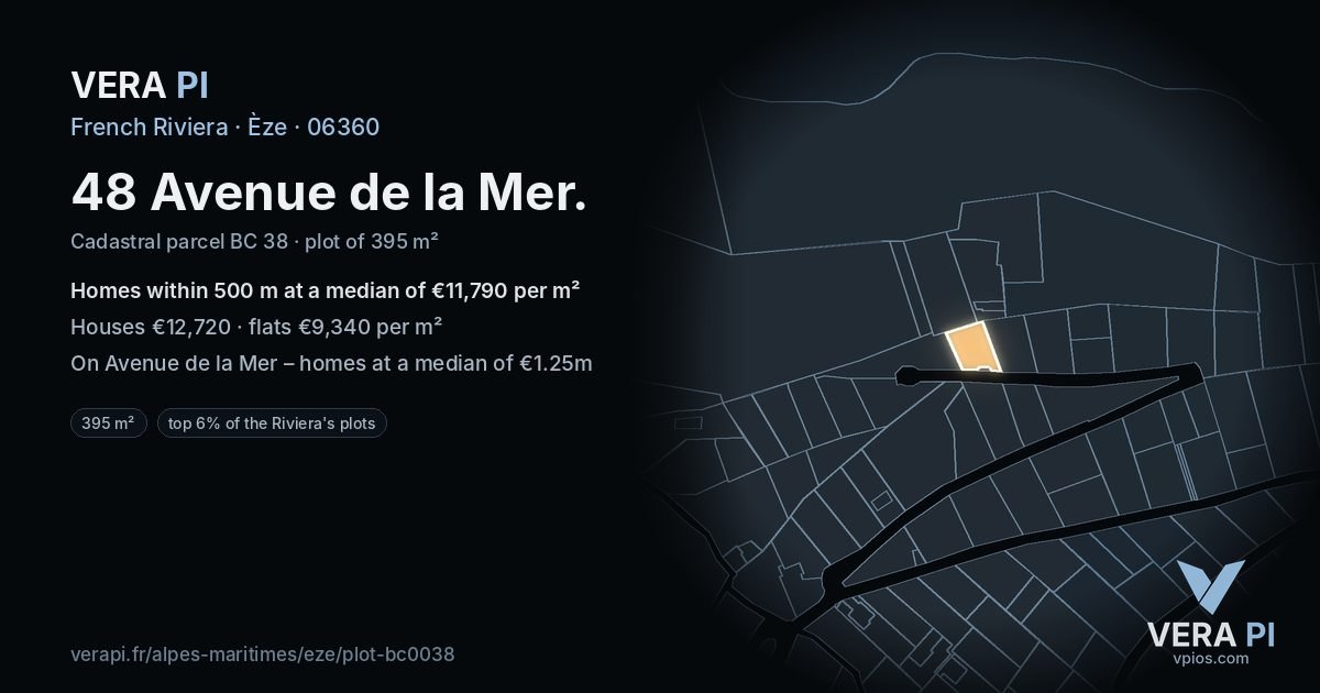 48 Avenue de la Mer, Èze at night – the plot lit, the parcels around coloured by the prices near them