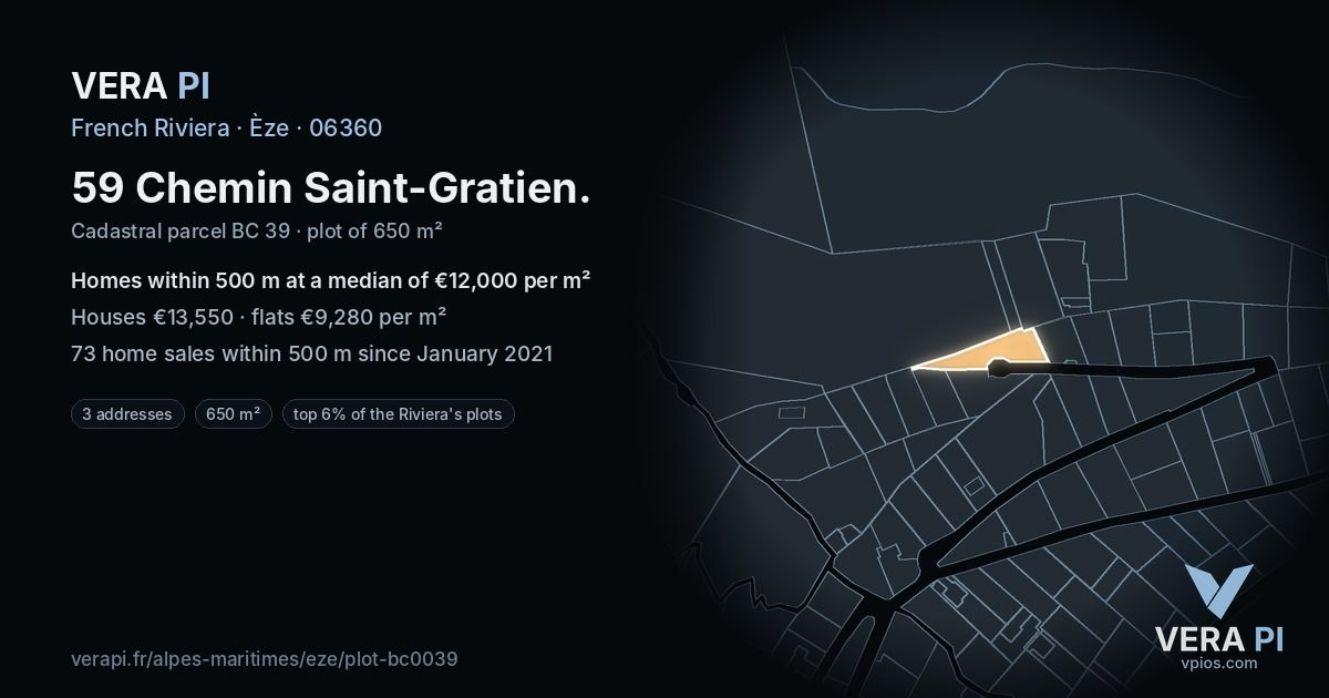 59 Chemin Saint-Gratien, Èze at night – the plot lit, the parcels around coloured by the prices near them